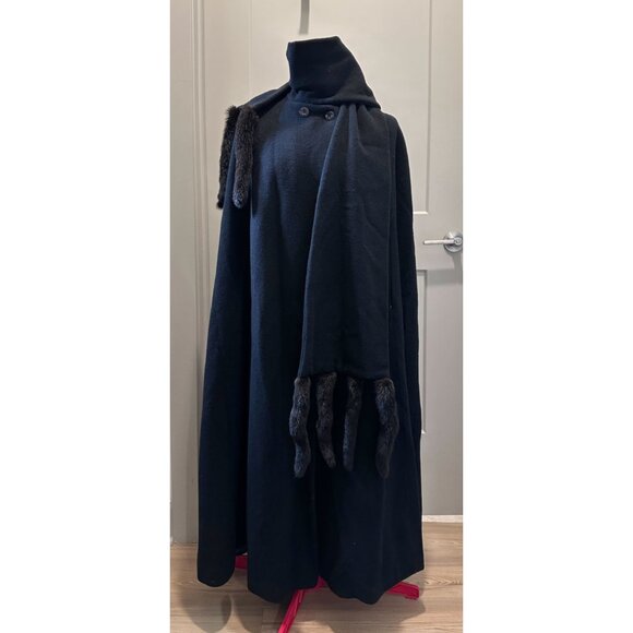 TRILOGI Vtg Coat Cape Wool with Fur Mink Trim Tail Scarf Black One Size Missy - Picture 1 of 7